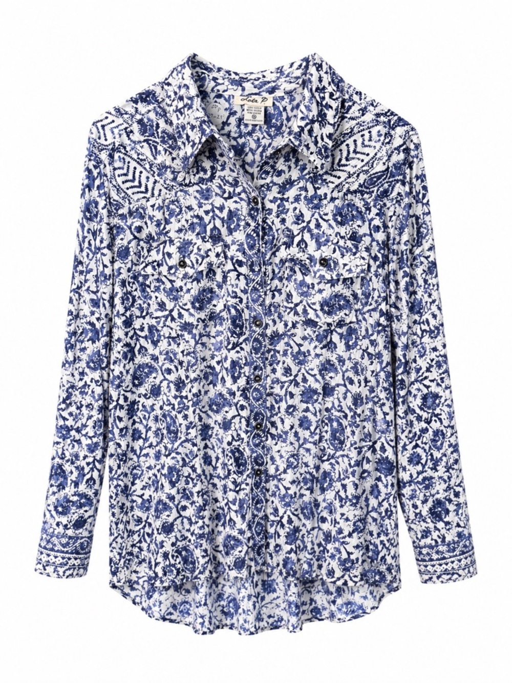 Lola B NWT Boho Blouse | Corset Tie Waist Back |Roll Tab Sleeve Button Down Top